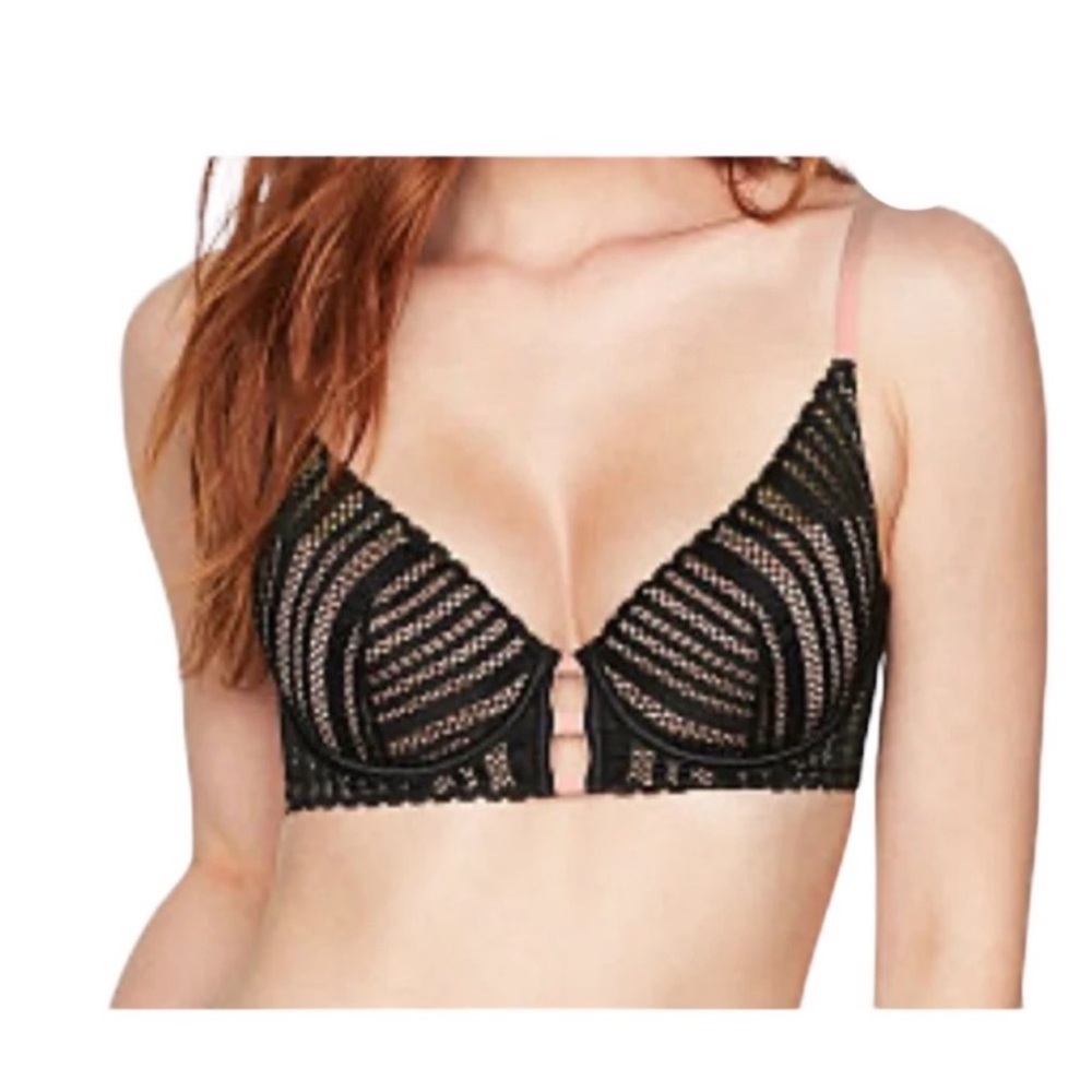 Victoria’s Secret lined plunge underwire black & pink lace lingerie bra size 34D